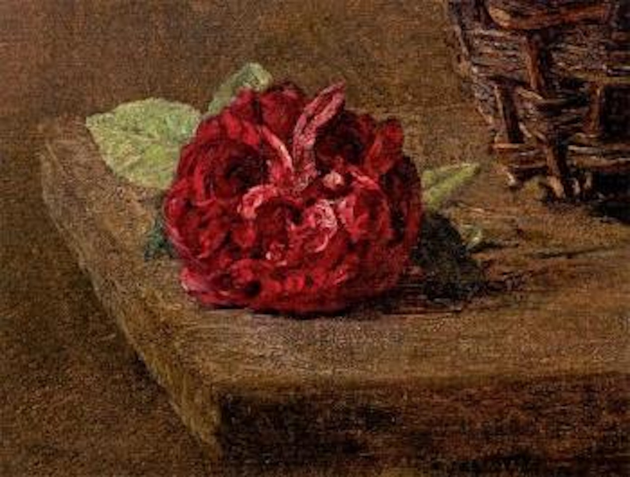 Fleurs et panier de roses sur une table by Henri Fantin-Latour