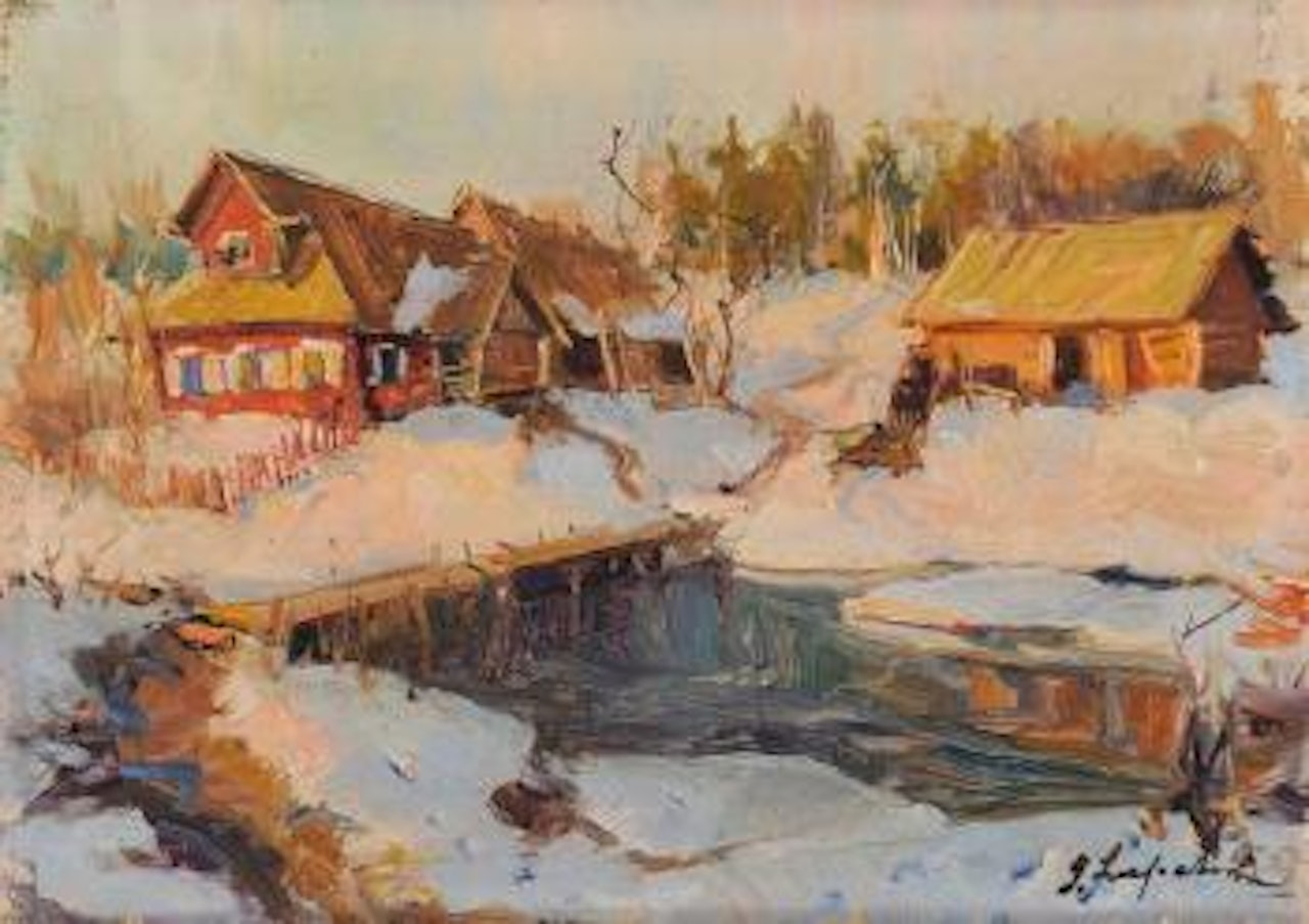 Village russe sous la neige by Georgij Aleksandrovic Lapschin
