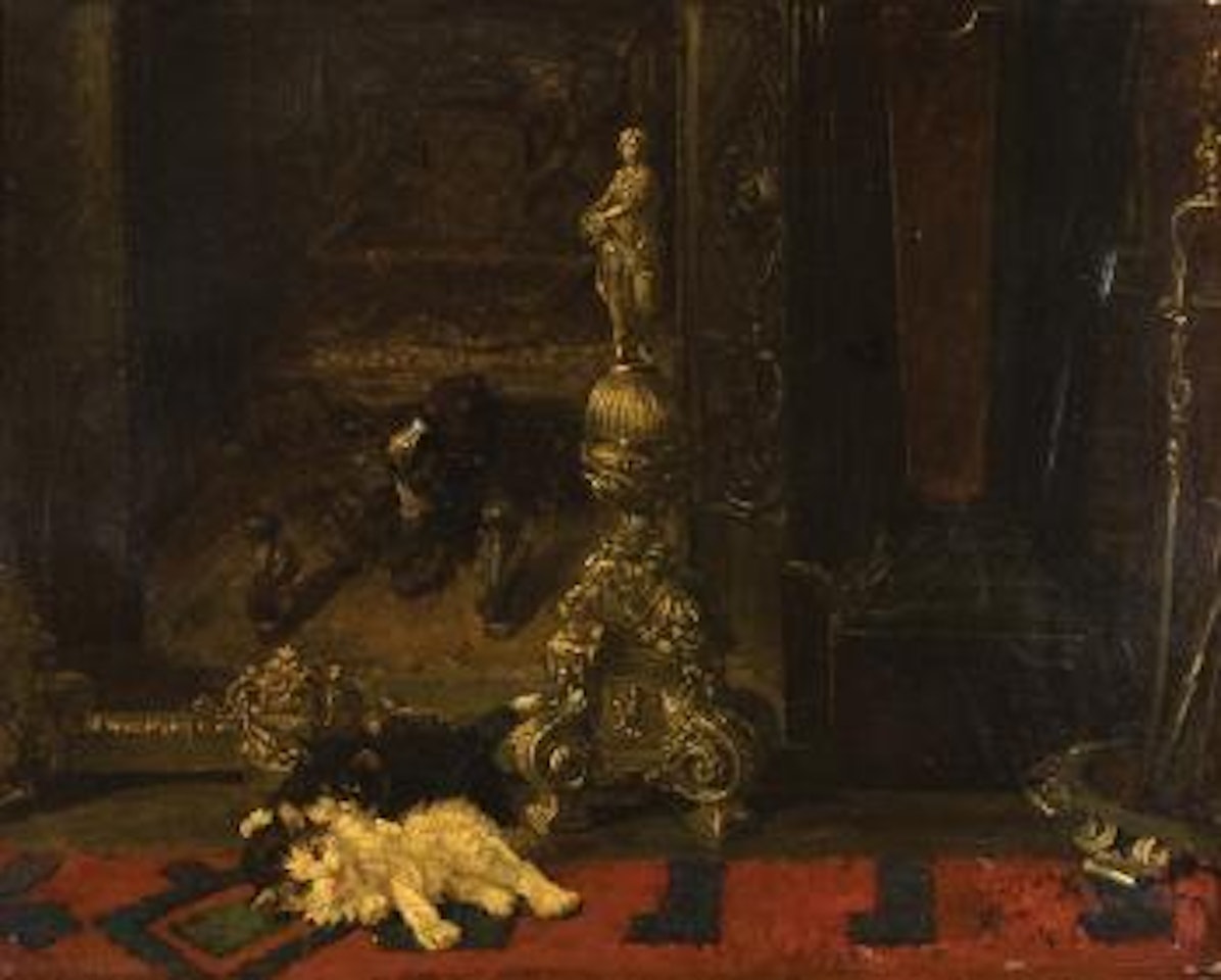 Two kittens playing by the hearth by Henriette Ronner-Knip