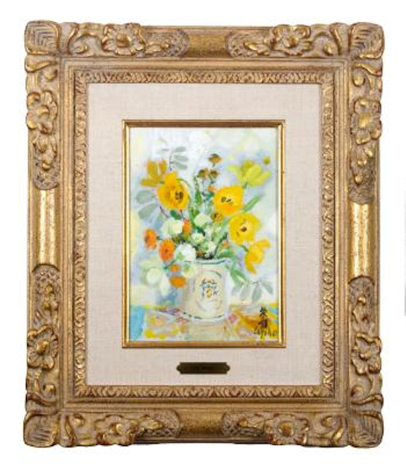 Still-life with yellow, orange and white flowers in an armorial mug by Le Pho