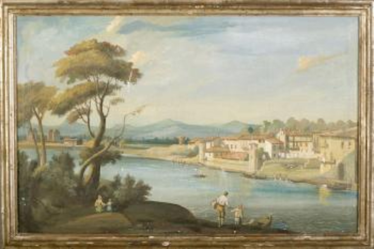 River scene with figures and villas by Italian School