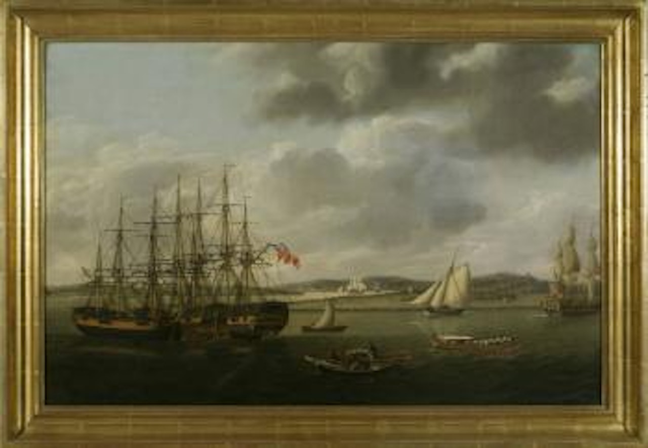 British man-o-war and three merchantmen at the approach to a harbor by Charles Martin Powell