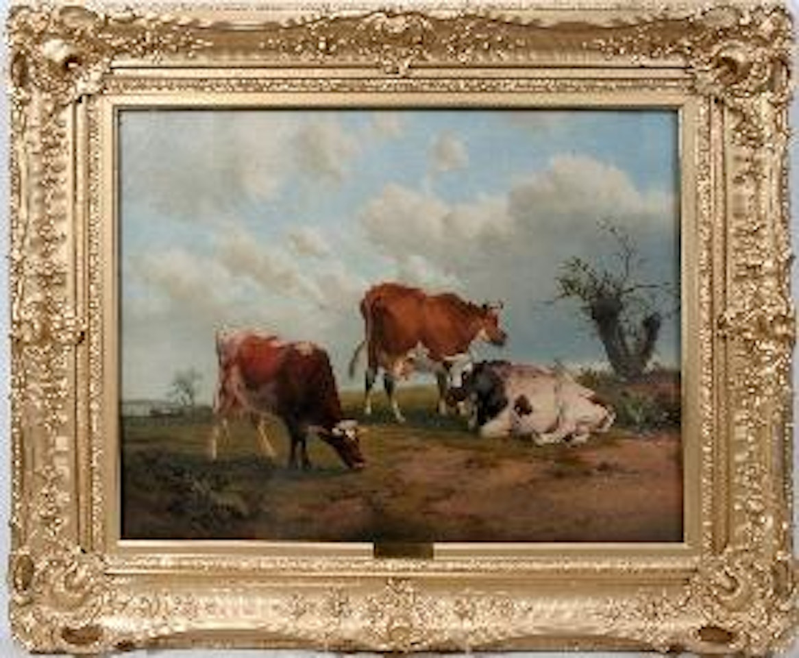 Three cows in meadow by Thomas Sidney Cooper