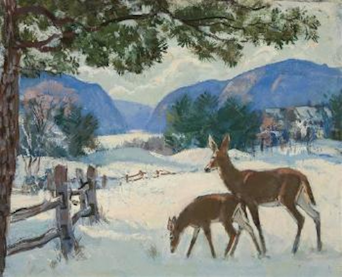 Winter landscape with deer by Gifford Beal