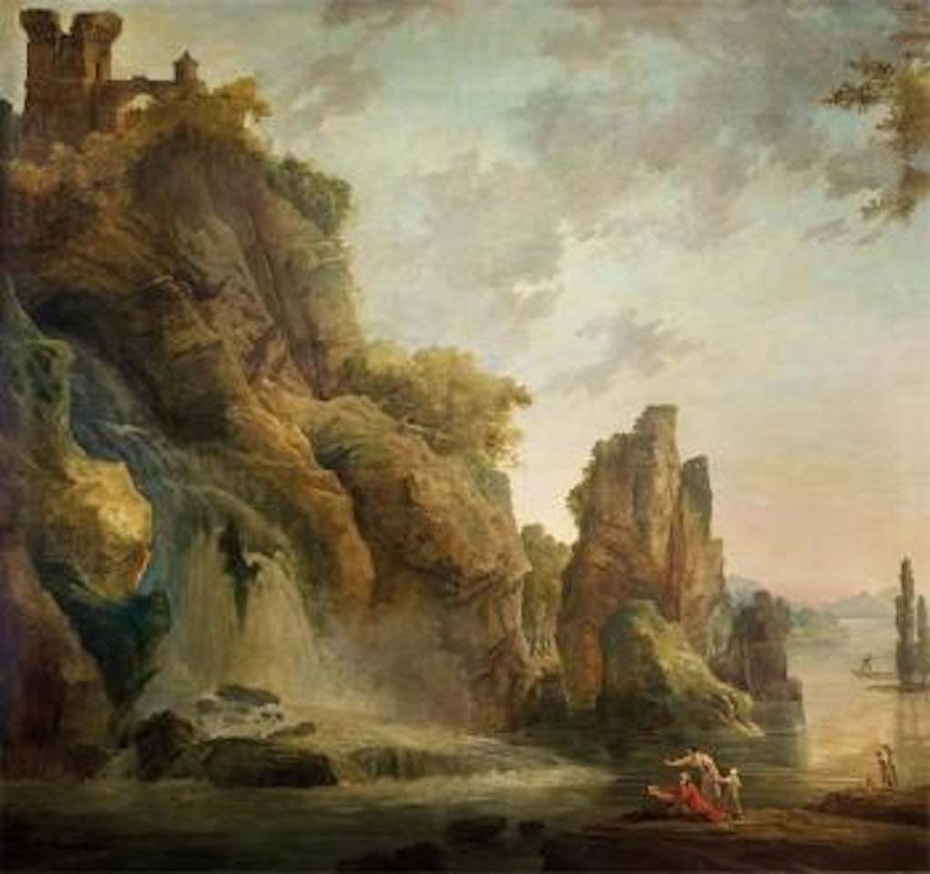 La cascde. Riviere et autoportrait de l'artiste dessinant. Jeune femme courant. Personnage dans une grotte by Hubert Robert