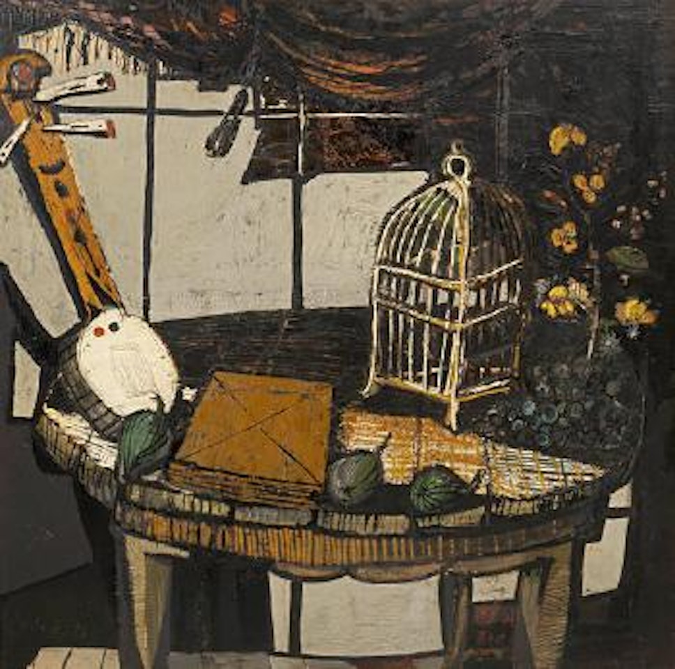 Still life with fruit, a banjo and birdcage by Christo Coetzee