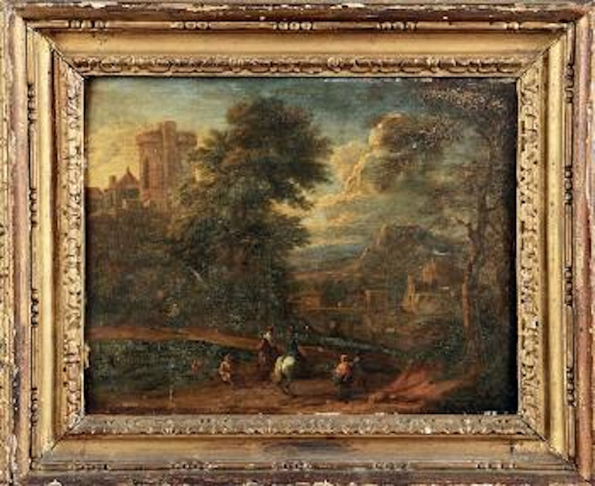 Personnages et cavaliers dans un paysage au château fortifié by Pieter Bout