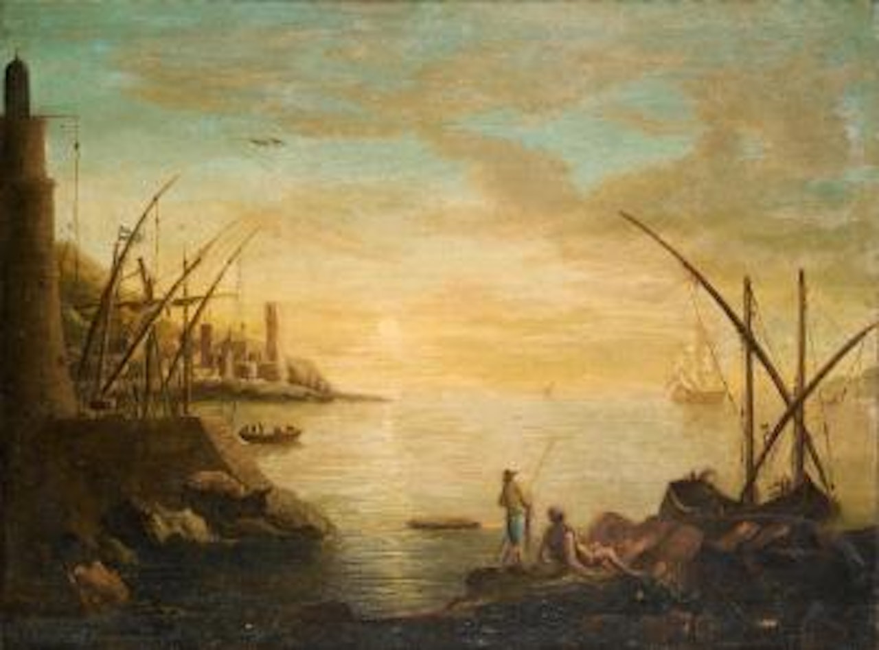 A Mediterranean harbour at sunset with fishermen resting on rocks in the foreground by Claude Joseph Vernet