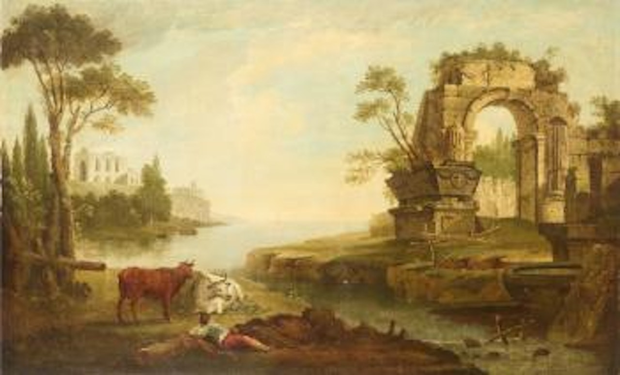 An extensive river landscape with a drover resting beside a stream by Hubert Robert