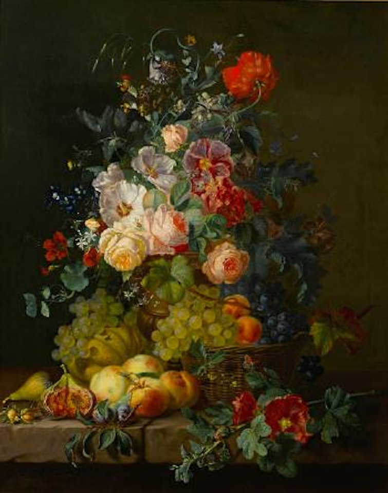Still life of fruit and flowers on a ledge by Amalie Kärcher