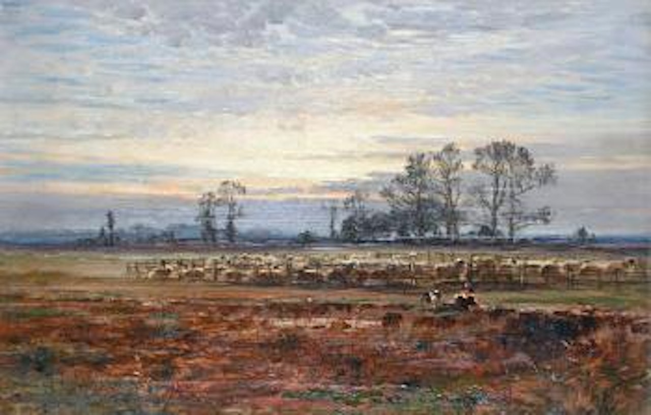 Shepherd and flock in a field by Benjamin Williams Leader
