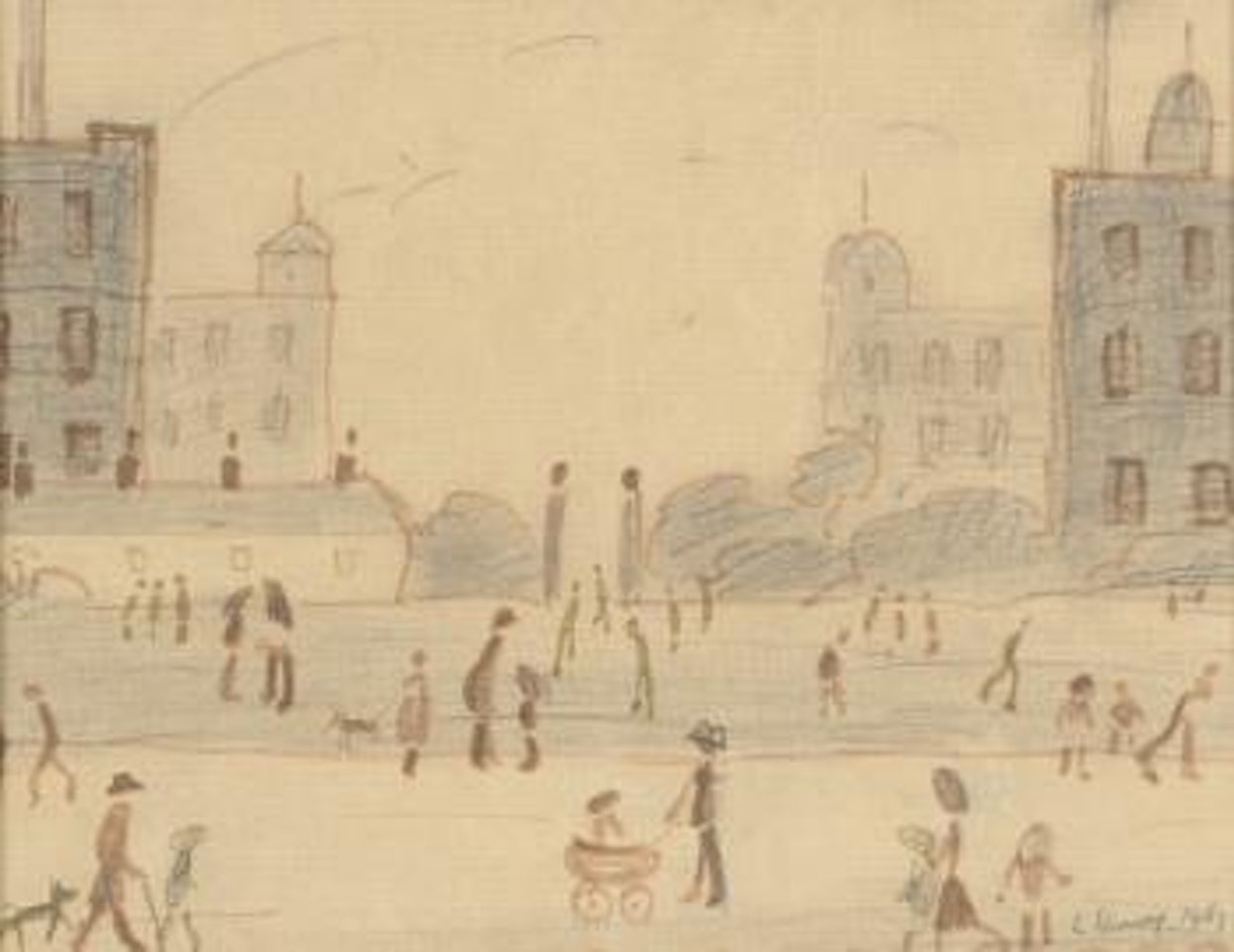Street scene with figures, buildings and trees nearby by Laurence Stephen Lowry