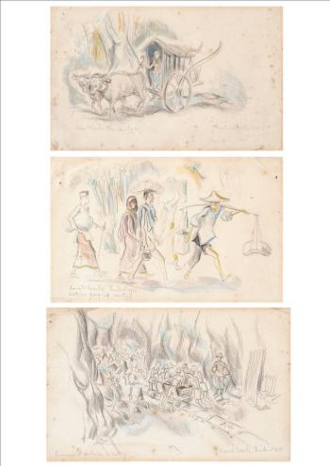 Prisoners at work on a cutting. Natives going up country. Thai bullock cart by Ronald Searle