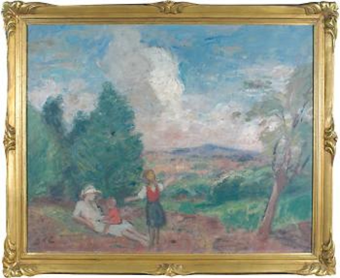 Mère et ses deux enfants sur une colline, la vallée dans le fond by Georges d’Espagnat