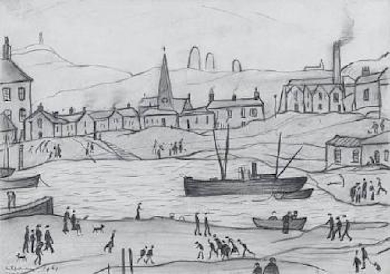Figures beside a harbour by Laurence Stephen Lowry