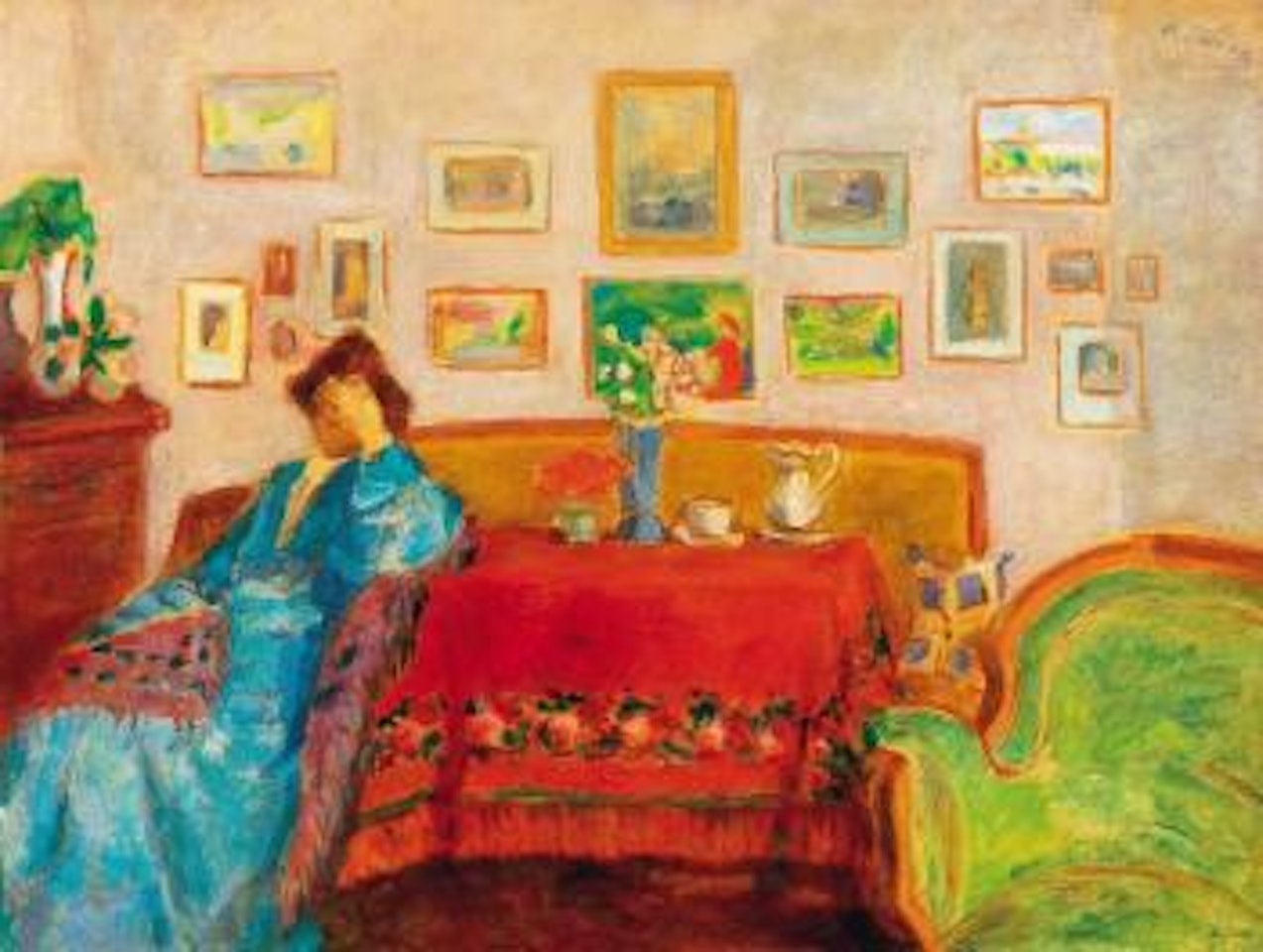 Lady in blue dress in interieur by József Rippl-Rónai