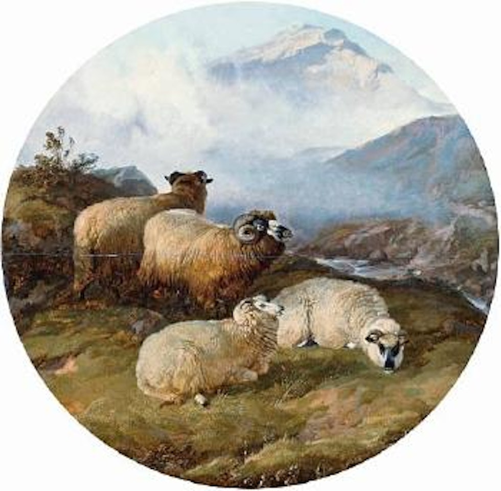 Four sheep in a mountain landscape by Thomas Sidney Cooper
