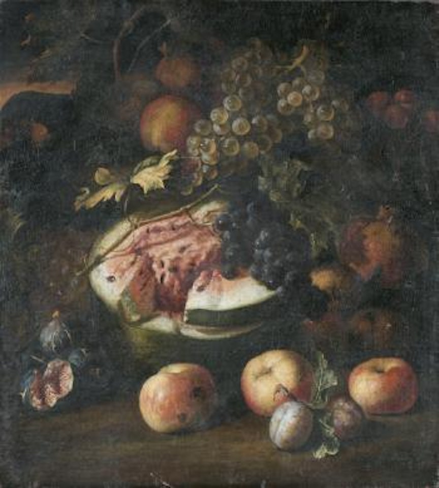 Allegorie de l'Automne ou nature morte à la pastèque, aux raisins, aux pommes et aux figues by Michele Pace del Campidoglio