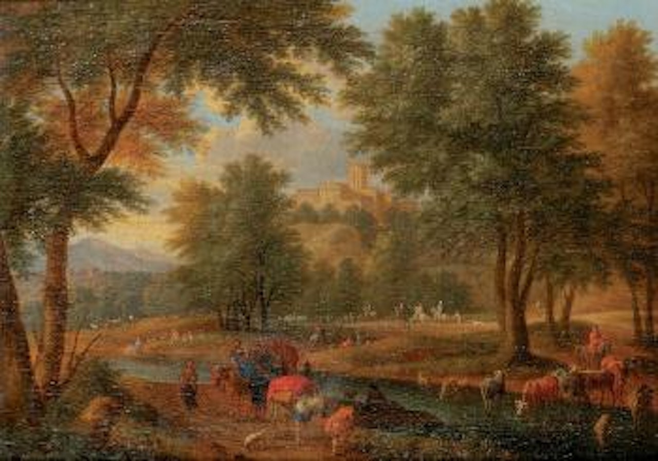 Troupeau traversant une rivière by Adriaen Frans Boudewyns by Pieter Bout