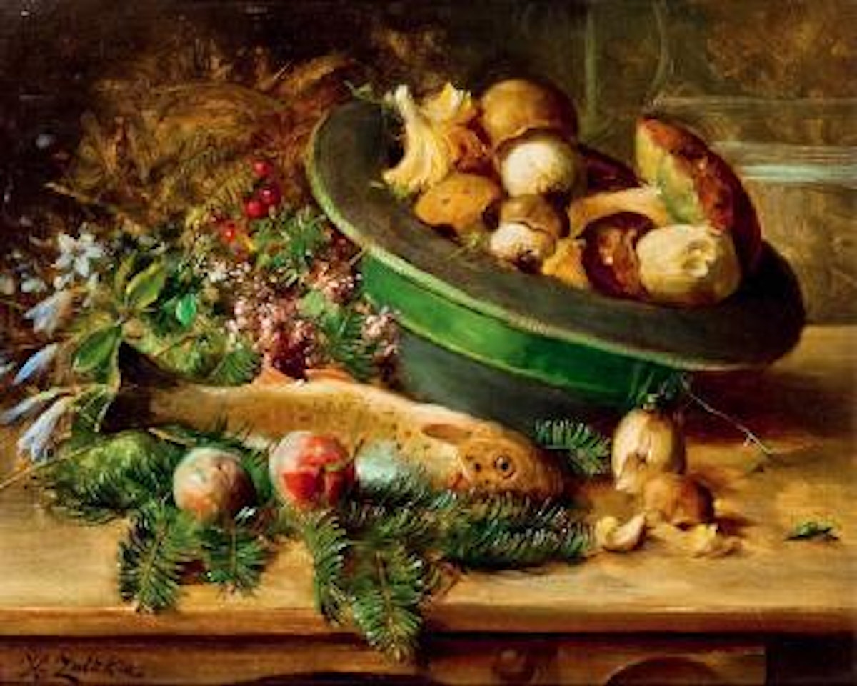Stillleben mit Pilzen und Fisch by Hans Zatzka