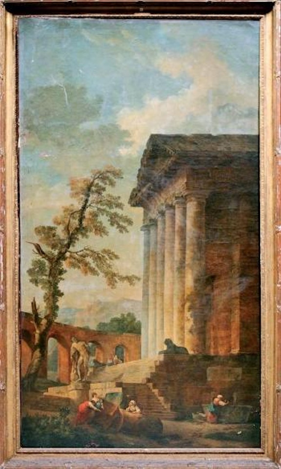 Ruines de l'Antiquite romaine animee de personnages by French School by Hubert Robert