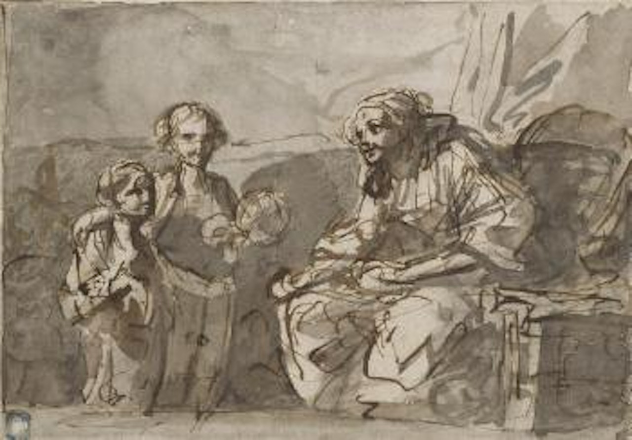 Une femme assise avec deux enfants devant elle by Jean-Baptiste Greuze