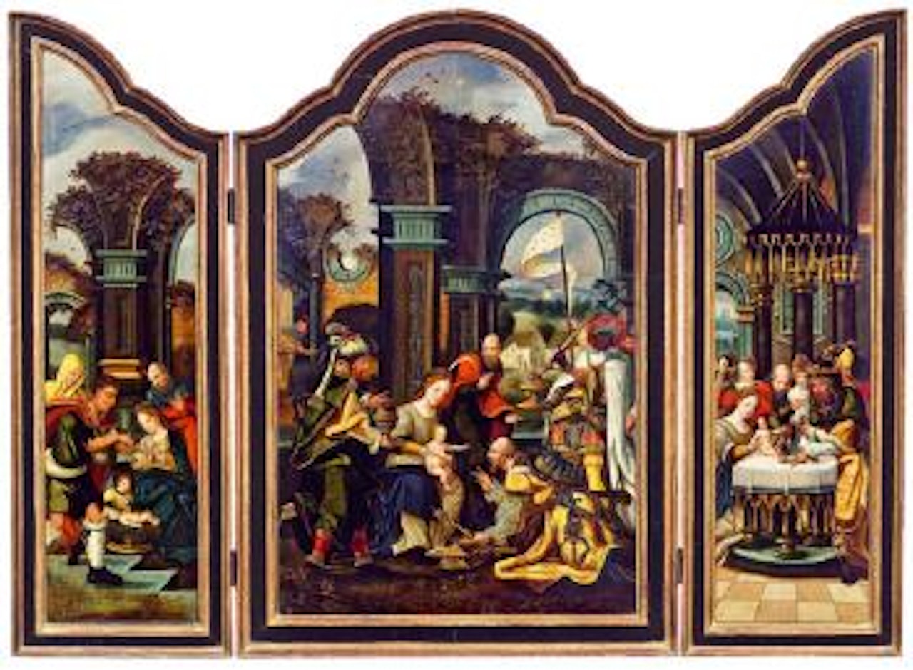 Flügelalter (Triptychon), Anbetung der Konige (Mitteltafel), Beschneidung Christi (rechter Flugel), Anbetung der Hirten (linker Flugel) by Attributed to Pieter Coecke van Aelst I
