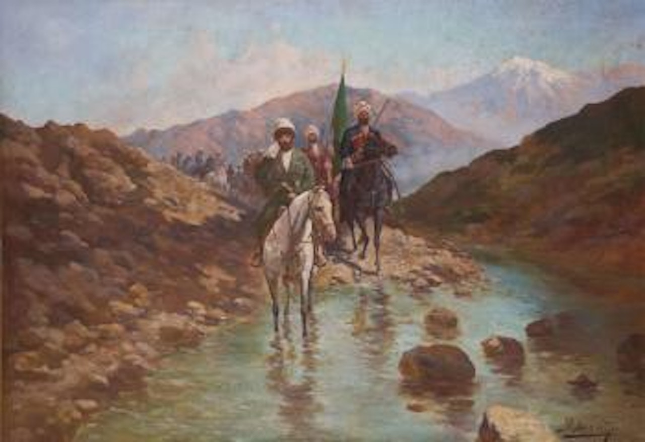 Les cavaliers traversant le ruisseau en haute montagne by Richard Karlovich Zommer