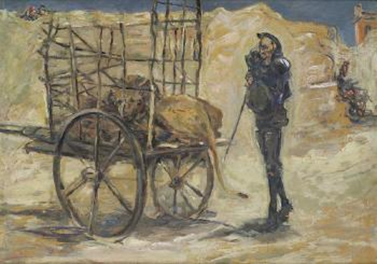 Don Quichote steht vor einem vergitterten Holzkarren, in dem ein Löwe liegt by Max Slevogt