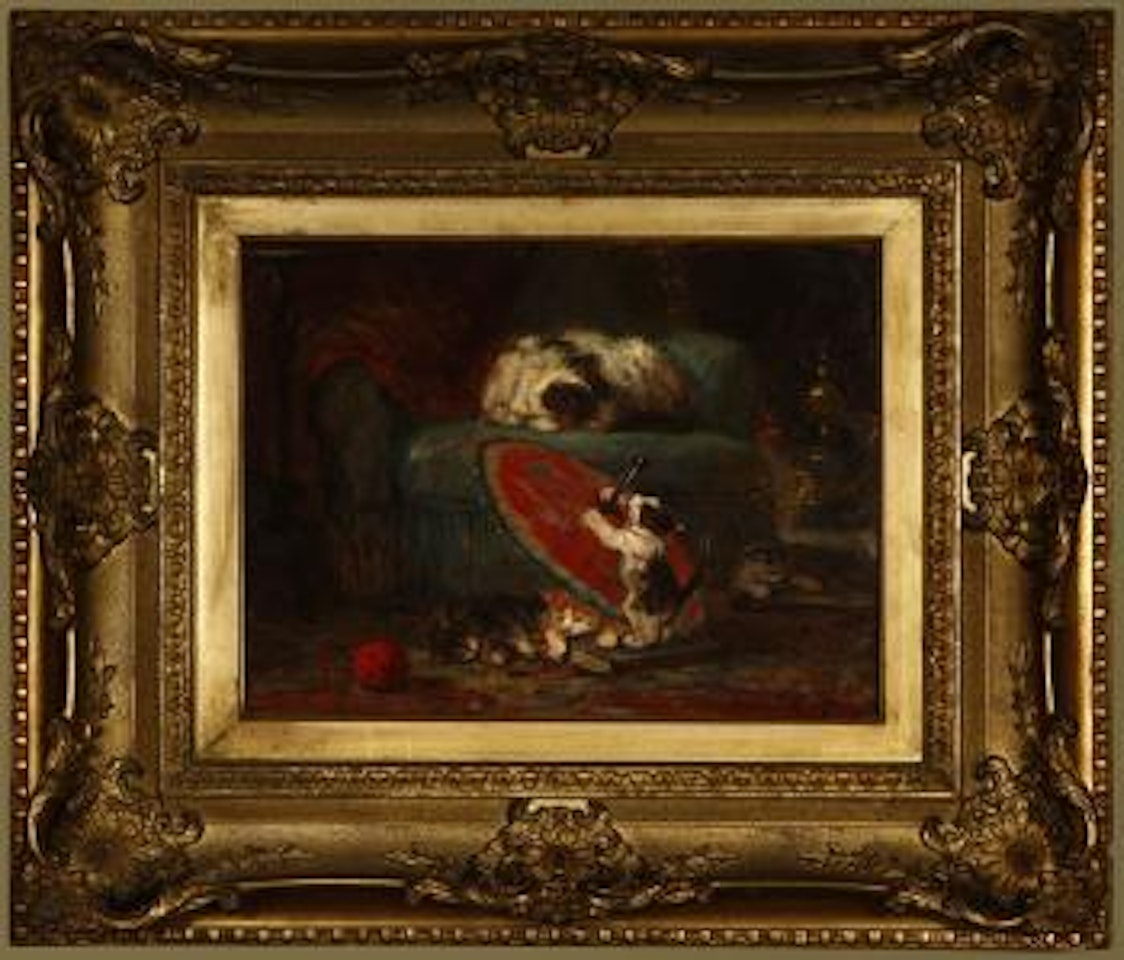 Kittens frolicking with a Japanese parasol by Henriette Ronner-Knip