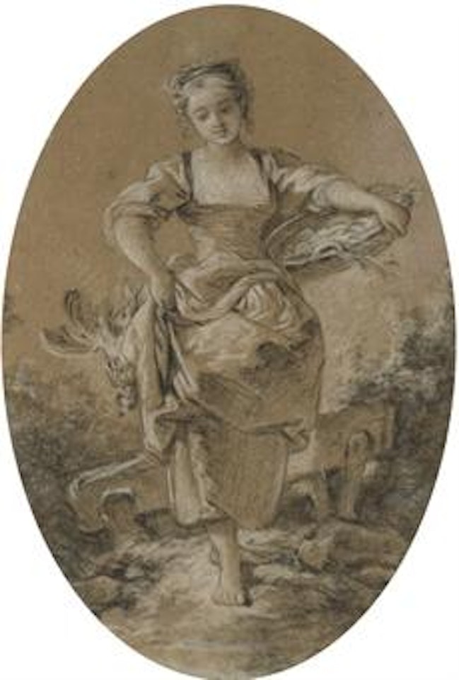 Une jeune fermière tenant une corbeille d'oeufs et des volailles by Francois Boucher