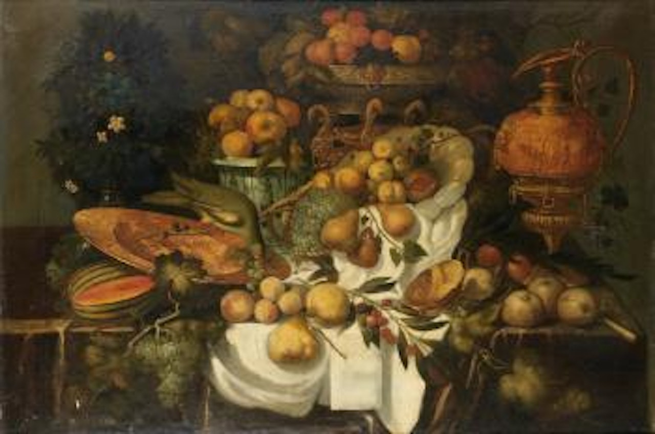 Nature morte aux fruits, pieces d'orfevrerie, vase de fleurs et pigeon by Flemish School