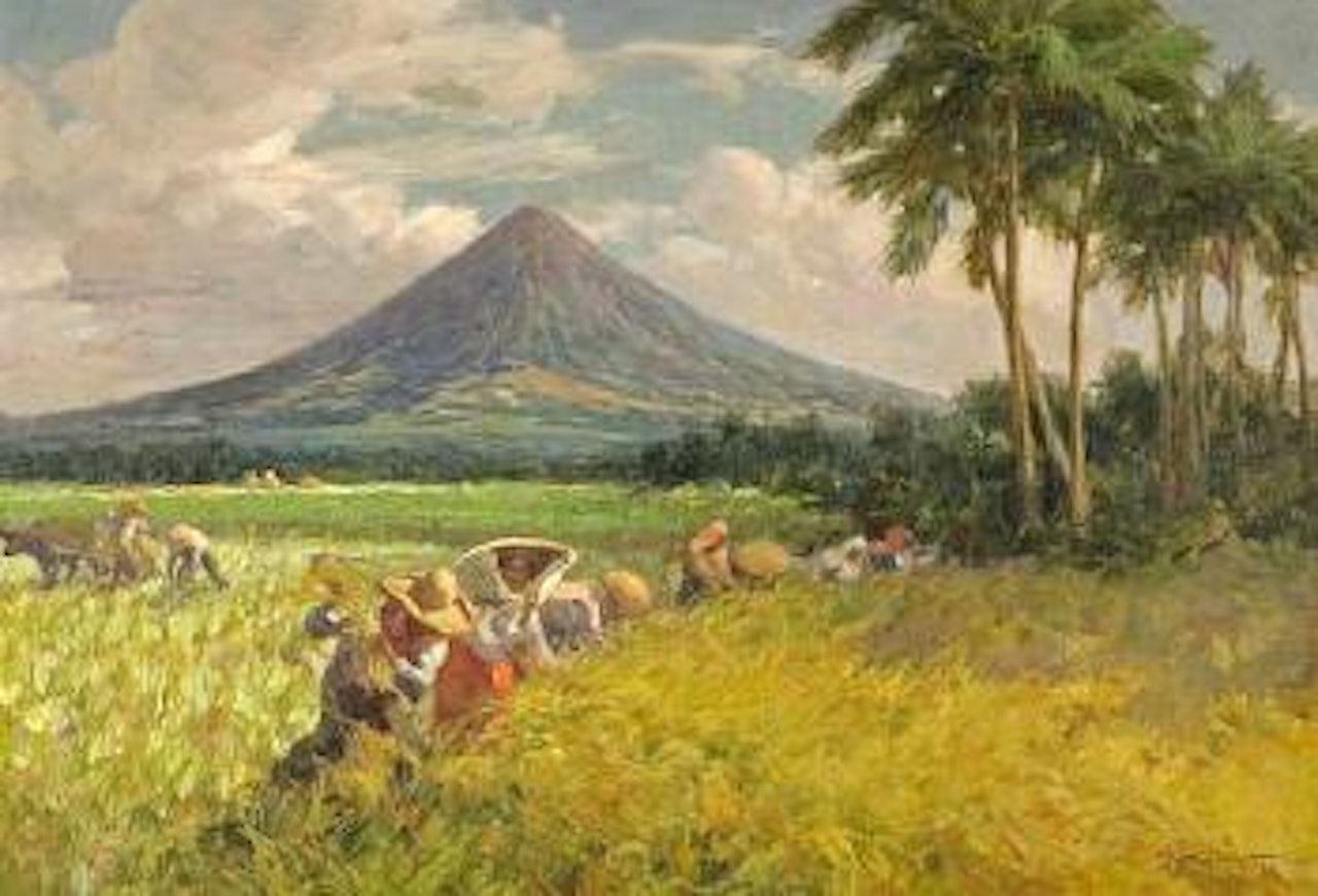 Harvesting rice near Mayon Volcano by Fernando Amorsolo