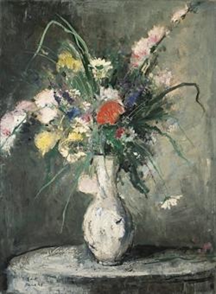 Glaieuls, marguerites et coquelicots sur le guéridon blanc by François Gall