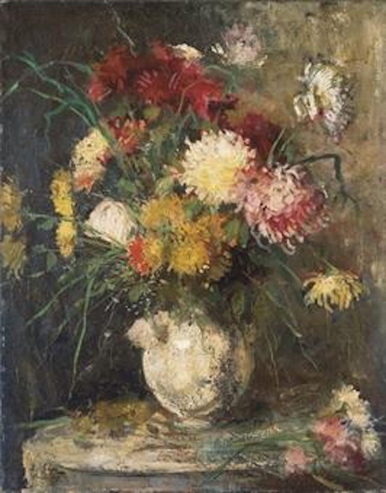Jeté de dahlias et bouquet sur le guéridon blanc by François Gall