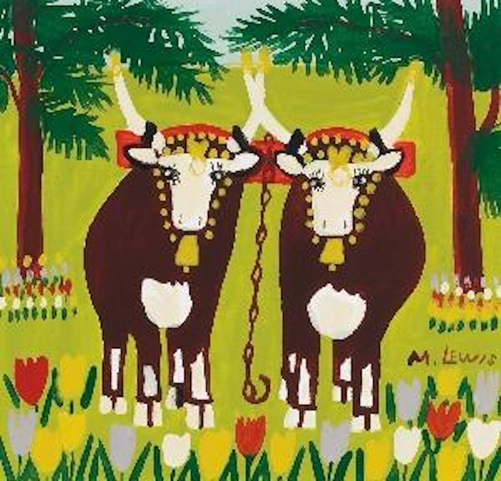 Two brown bulls by Maud Lewis