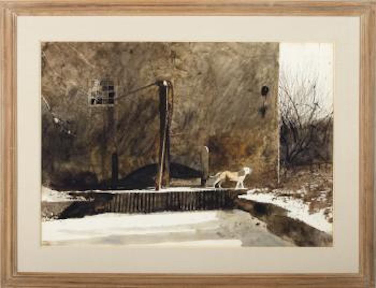 Frozen mill race at Chadd's Ford with Wyeth's dog, Nell Gwyn by Andrew Wyeth