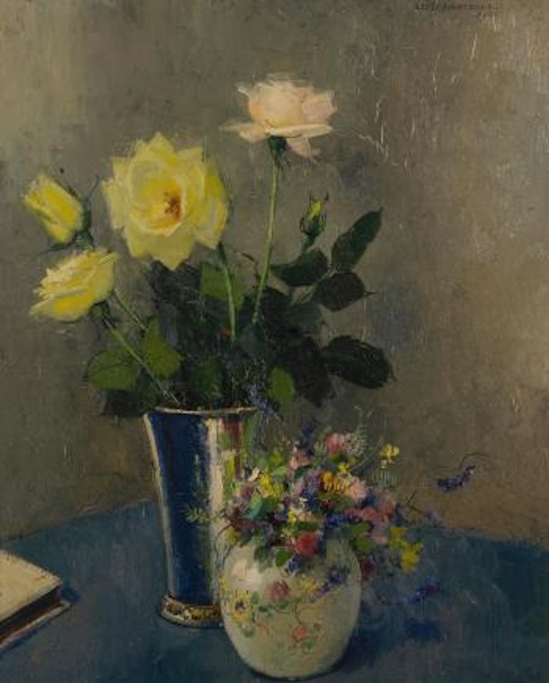 Still life with roses and spring flowers in vases by Olle Hjortzberg