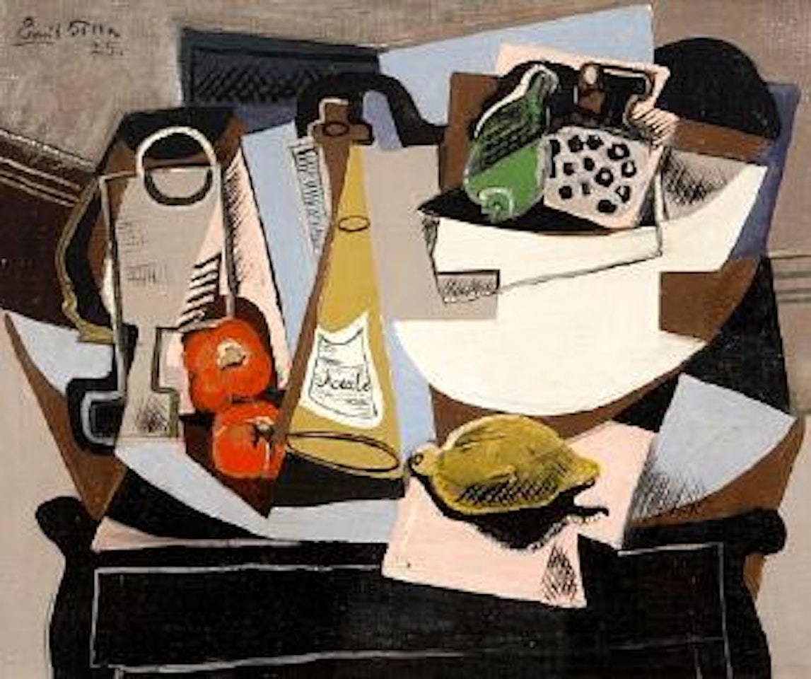 Still life with a lemon, bottle of olive oil, bell peppers and a bowl of vegetables by Emil Filla