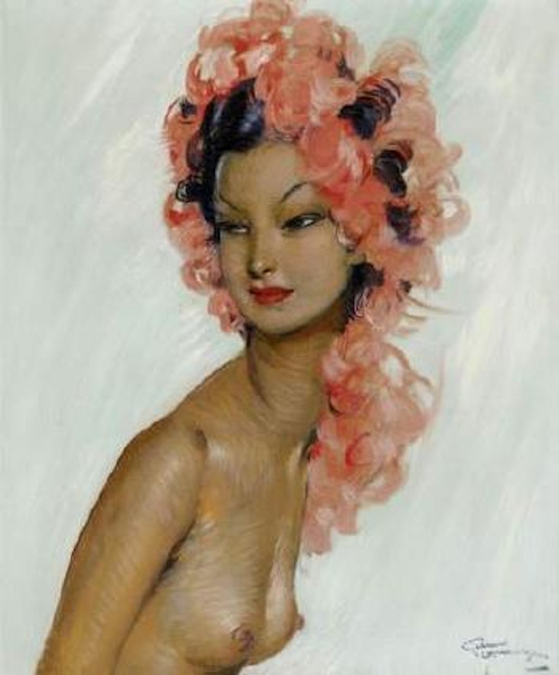 Buste de femme au boa rouge dans le cheveux by Jean Gabriel Domergue