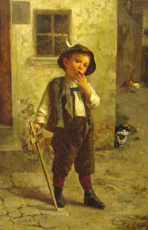Full length portrait of a young boy with wooden sword by Edmund Adler