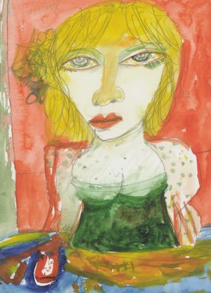 Portrait of a girl wearing a green dress by John Bellany