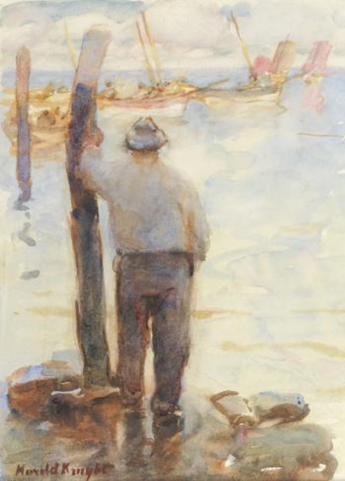 Fisherman looking out to sea, cobbles and fishing fleet in the distance by Harold Knight