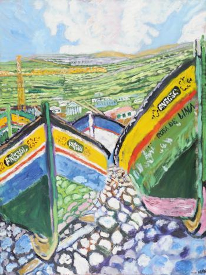 Camera at Lobos I, continental landscape with fishing boats upon pebbles by John Bratby