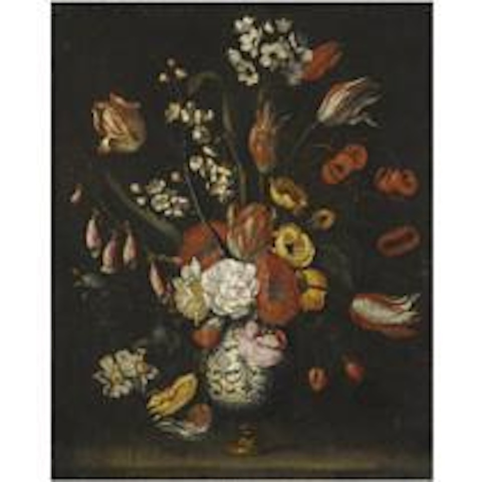 A Still Life With Tulips, Roses And Other Flowers In A Porcelain Vase by Neapolitan School