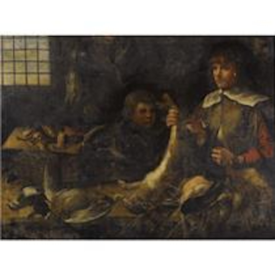 A Kitchen Interior With Two Young Men And The Spoils Of A Hunt by French School