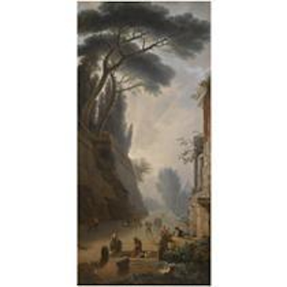 A Capriccio View Of Rome With Figures Loaded With Amphorae, The Pyramid Of Mucius Scaevola In The Distance by Hubert Robert