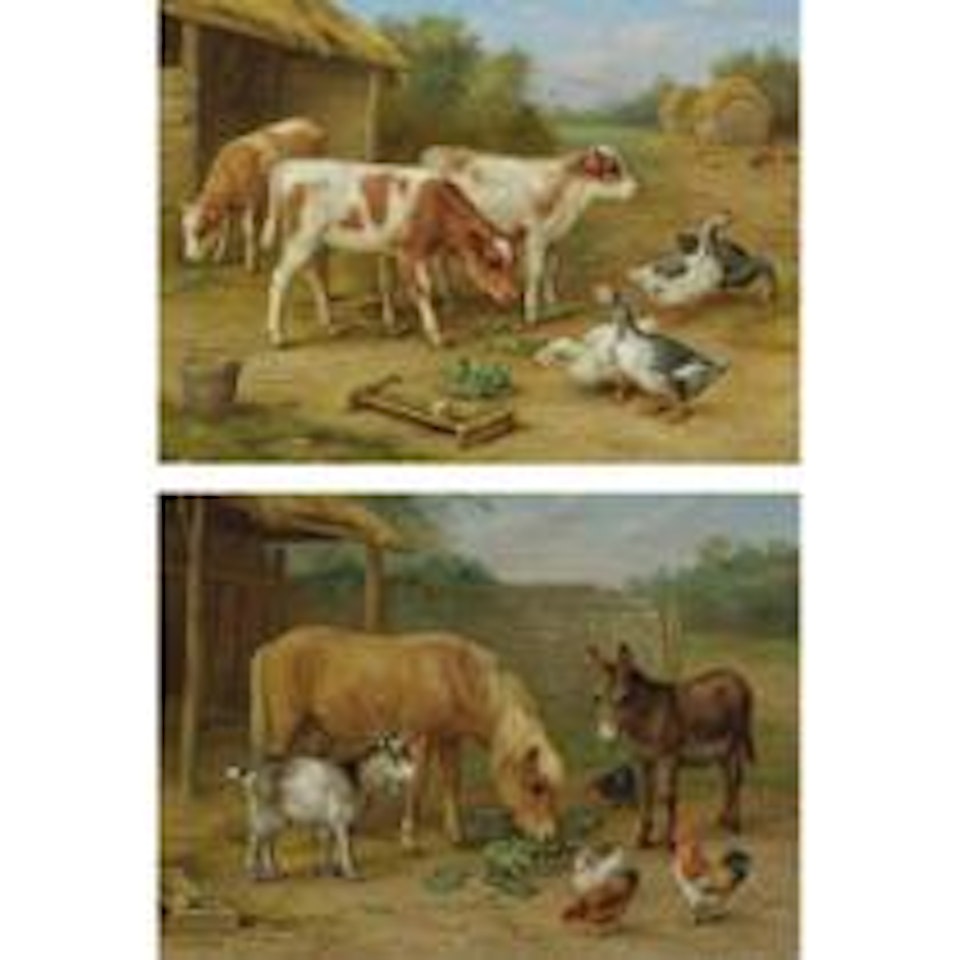 Calves And Geese, And A Pony, Donkey, Goat And Chickens: Two Works by Edgar Hunt
