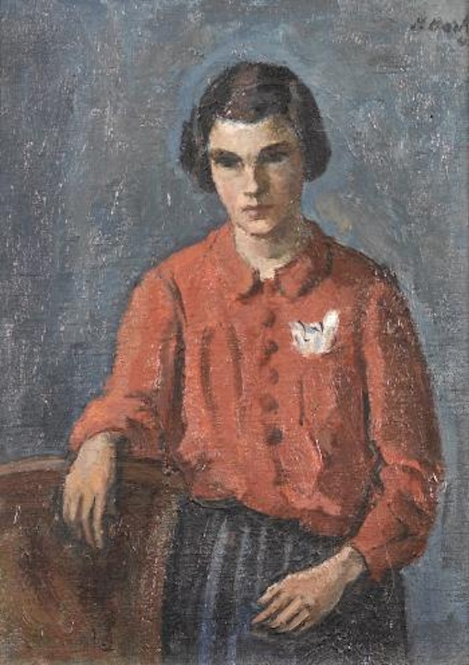 Halbfigur en face eines Mädchens mit roter Bluse. by Paul Basilius Barth
