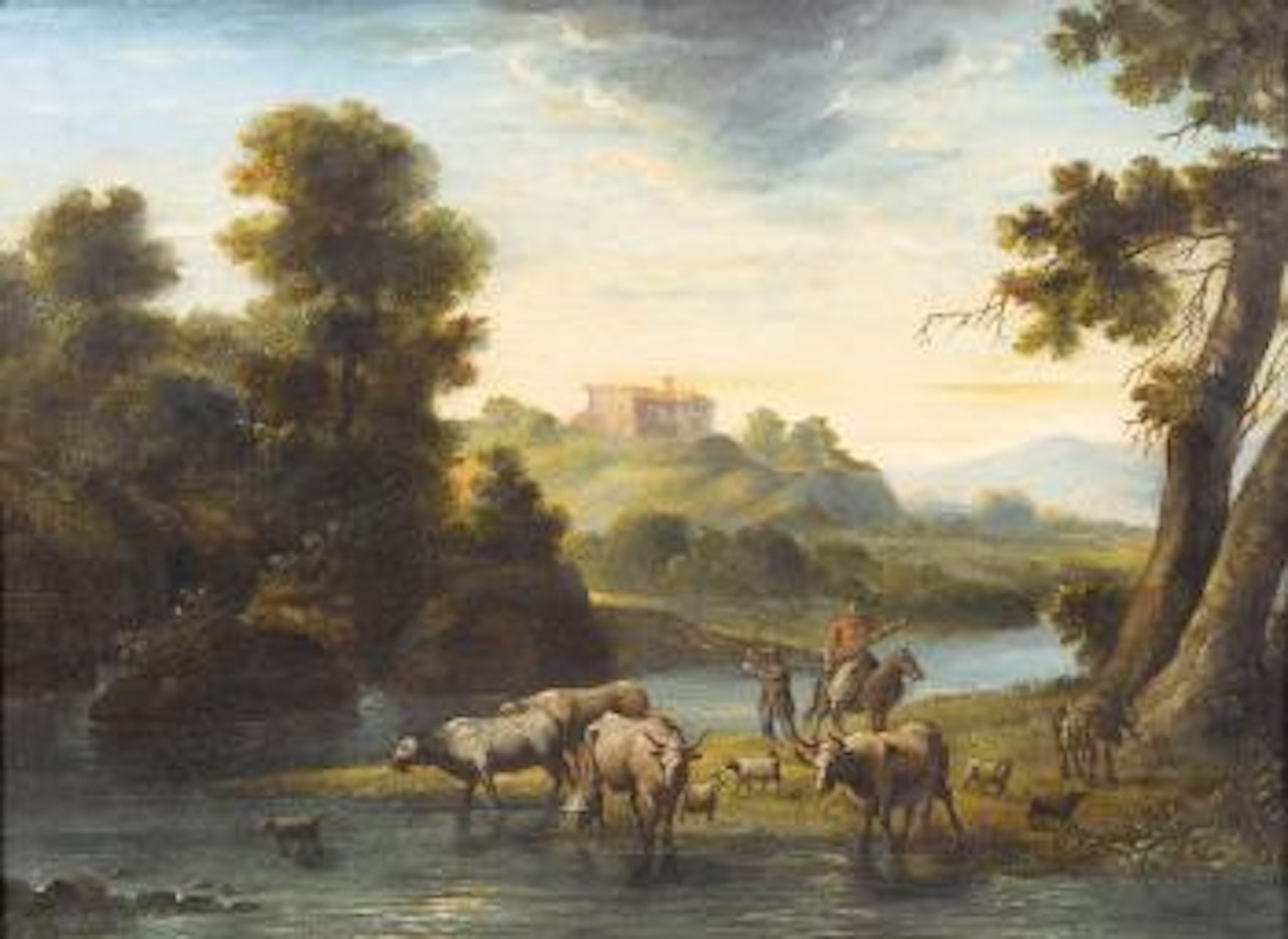Italienische Flusslandschaft mit Hirten. by Nicolaes Pietersz Berchem